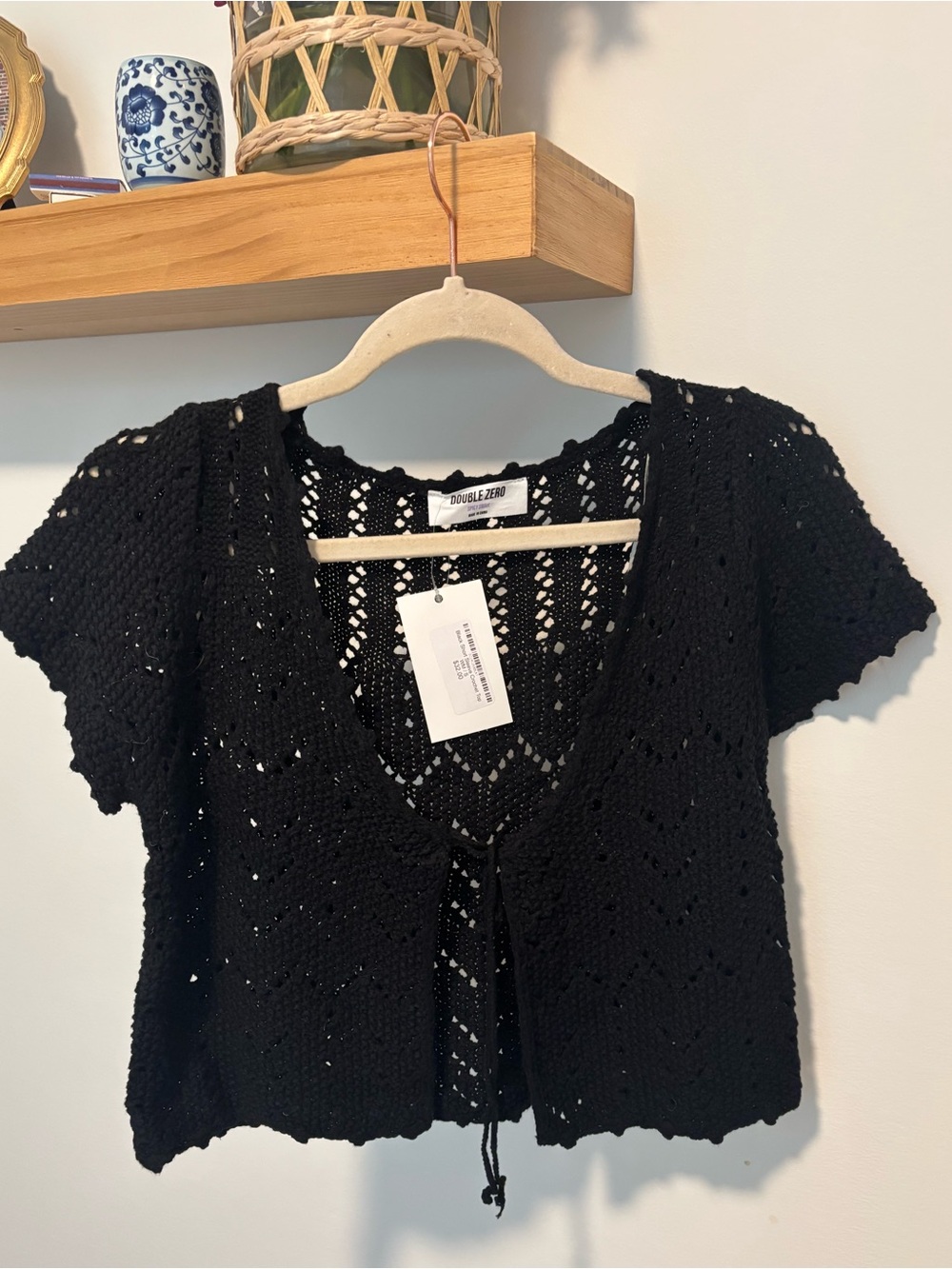 Double Zero Black Cropped Crochet Tie-Front Cardigan
